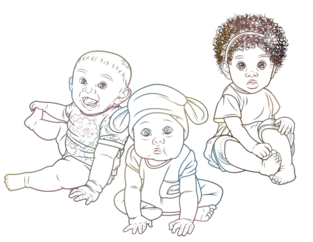 Zeichnung von drei Babys; eines lacht und spielt mit seinen Zehen, eines trägt eine Mütze mit zwei Ohren und guckt verwundert, eines sitzt etwas abseits und spielt auch mit seinen Zehen