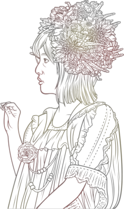 Zeichnung: Frau mit Blumenkrone, die nach links schaut uns zögerlich die Hand gehoben hält