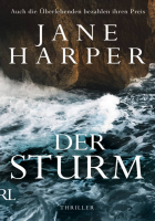Jane Harper: Der Sturm, Buchcover, Turbulentes Wasser vor brauner Klippe, weiße Schrift