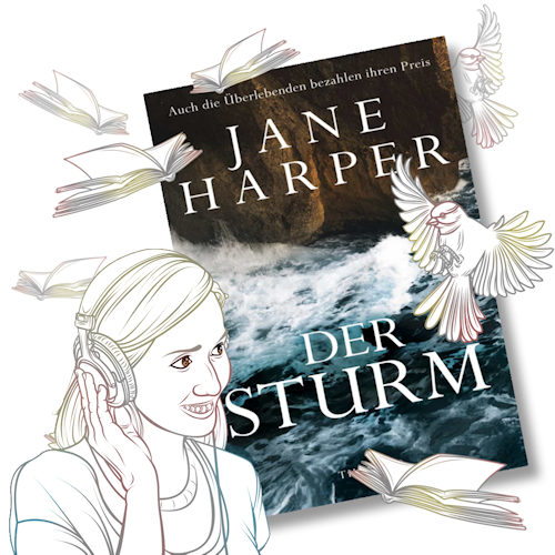 Jane Harper: Der Sturm, Buchcover, Turbulentes Wasser vor brauner Klippe, weiße Schrift