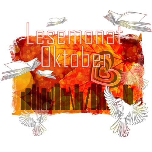 Rote Blätter, Schrift Lesemonat Oktober, fliegende Bücher und Vögel