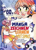 Buchcover KritzelPixel: Manga zeichnen lernen mit Spaß, ein sitzendes Mangamädchen, Gesicht eines Mangamädchens, zwei Katzen