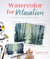 Buchcover Angelica Torres: Watercolor for Relaxation: 25 Meditative Projects to Help You Unwind, Cover mit Aquarellbildern eines Waldes